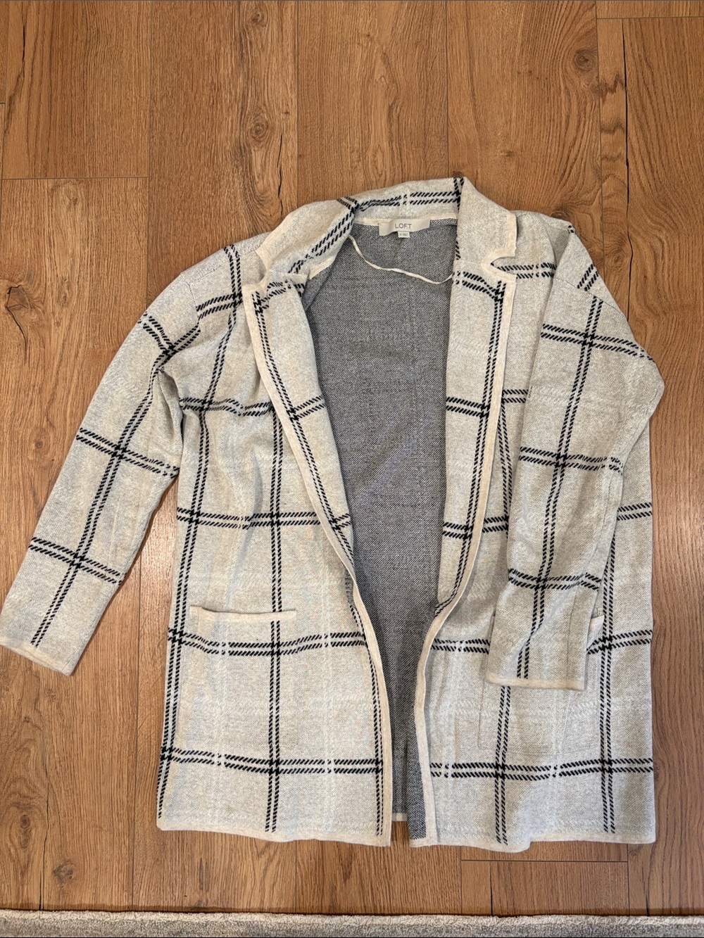 LOFT Cream and Black Plaid Open-Front Cardigan Blazer